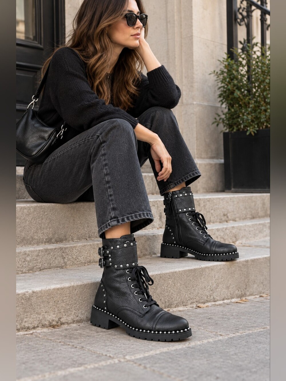 Sam Edelman Jennifer Black Leather Studded Combat Boots Size 9